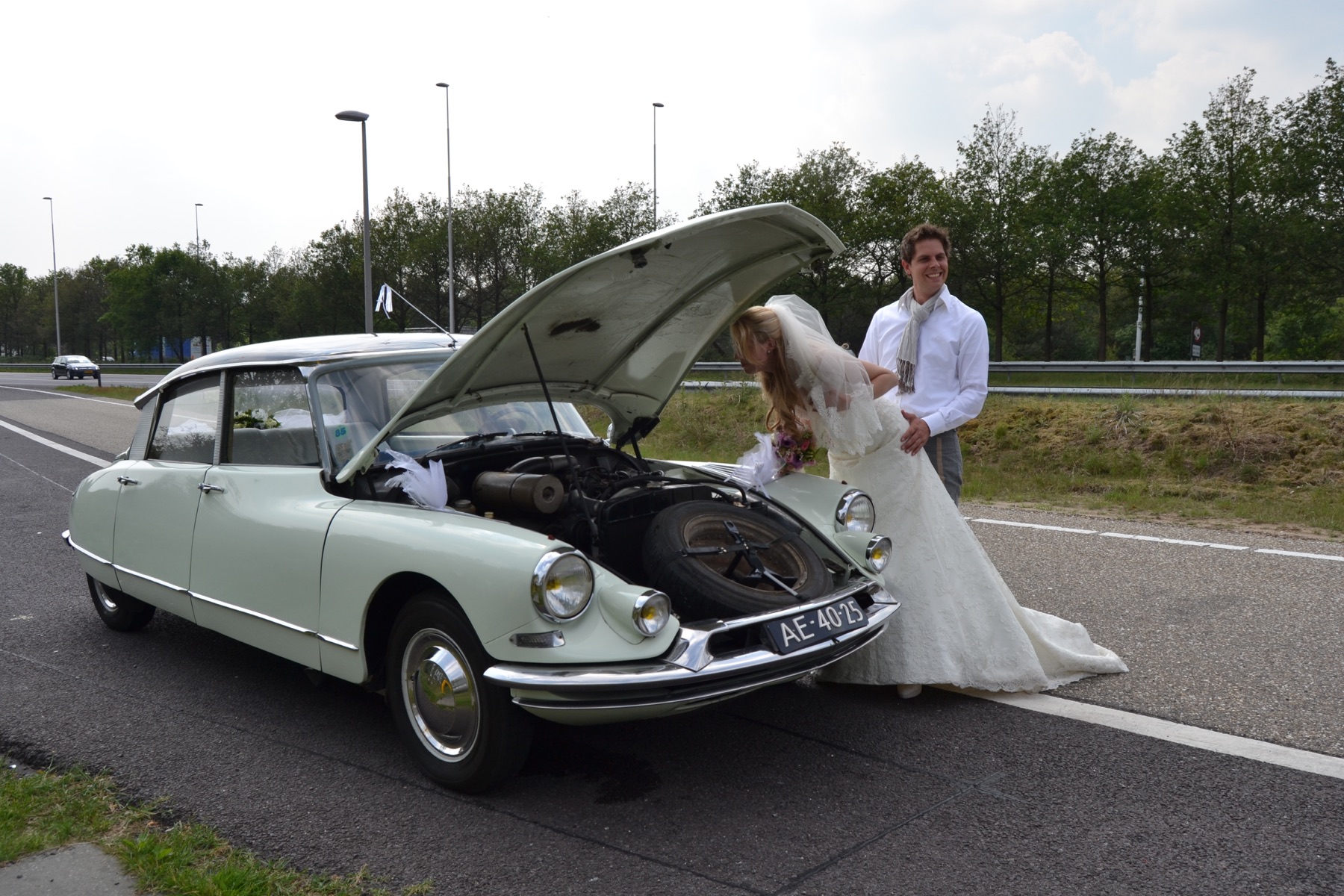 Wedding car roadside moment