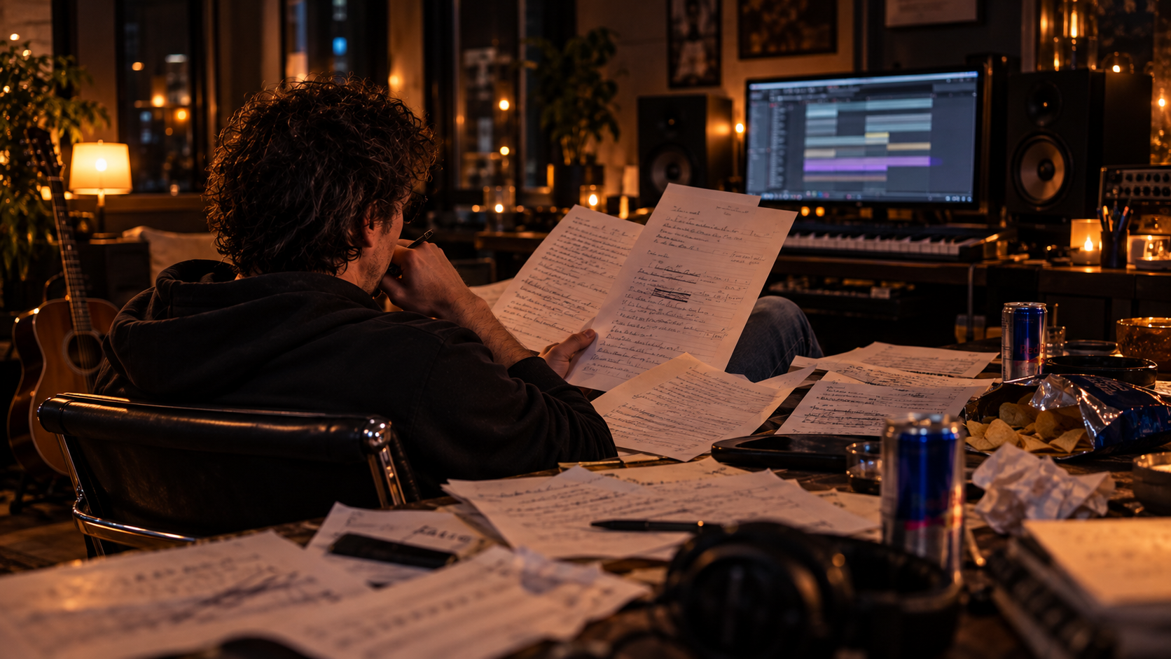 Han Altena werkt in de studio aan songteksten