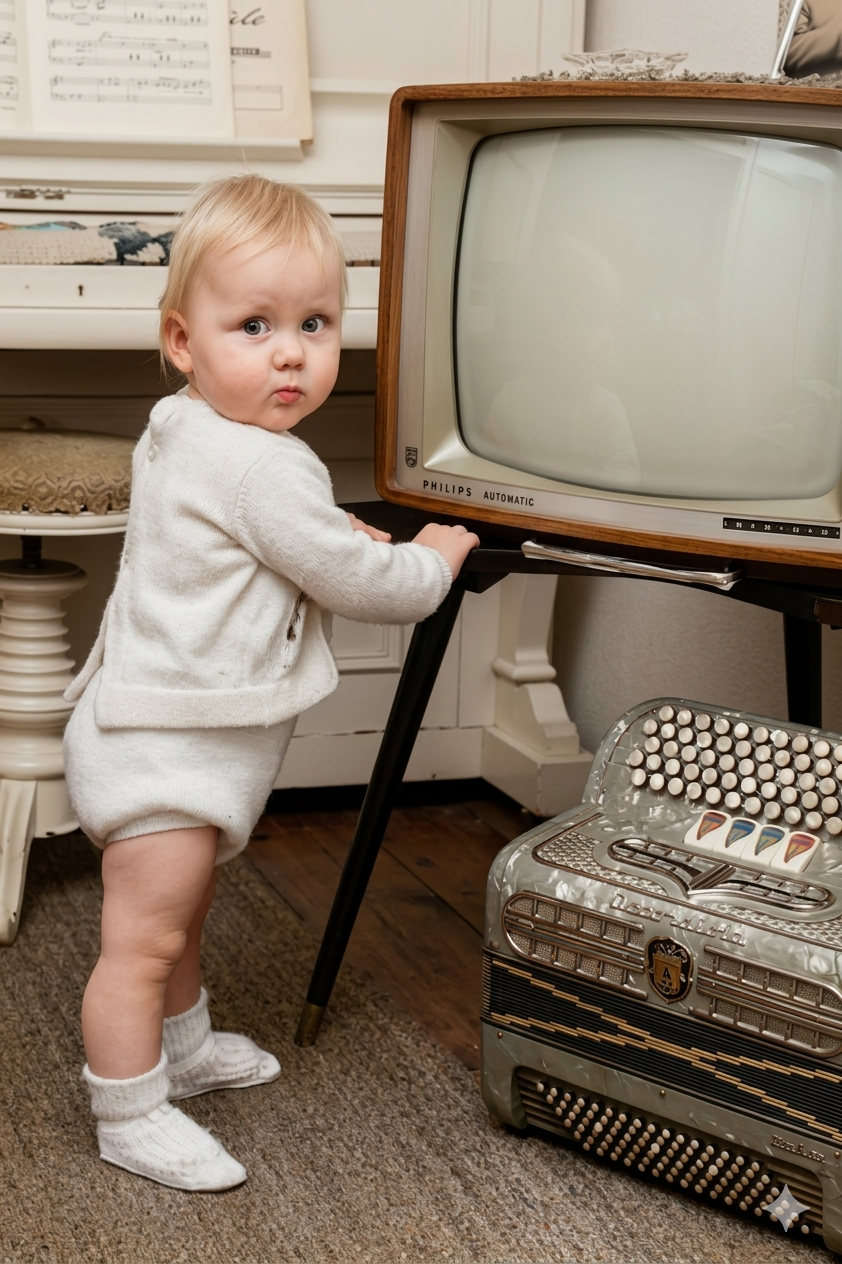 Han als peuter naast een televisie uit de jaren 70 en een accordeon